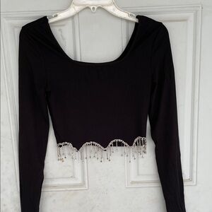 SHEIN Black Crop Top with Beaded Hem